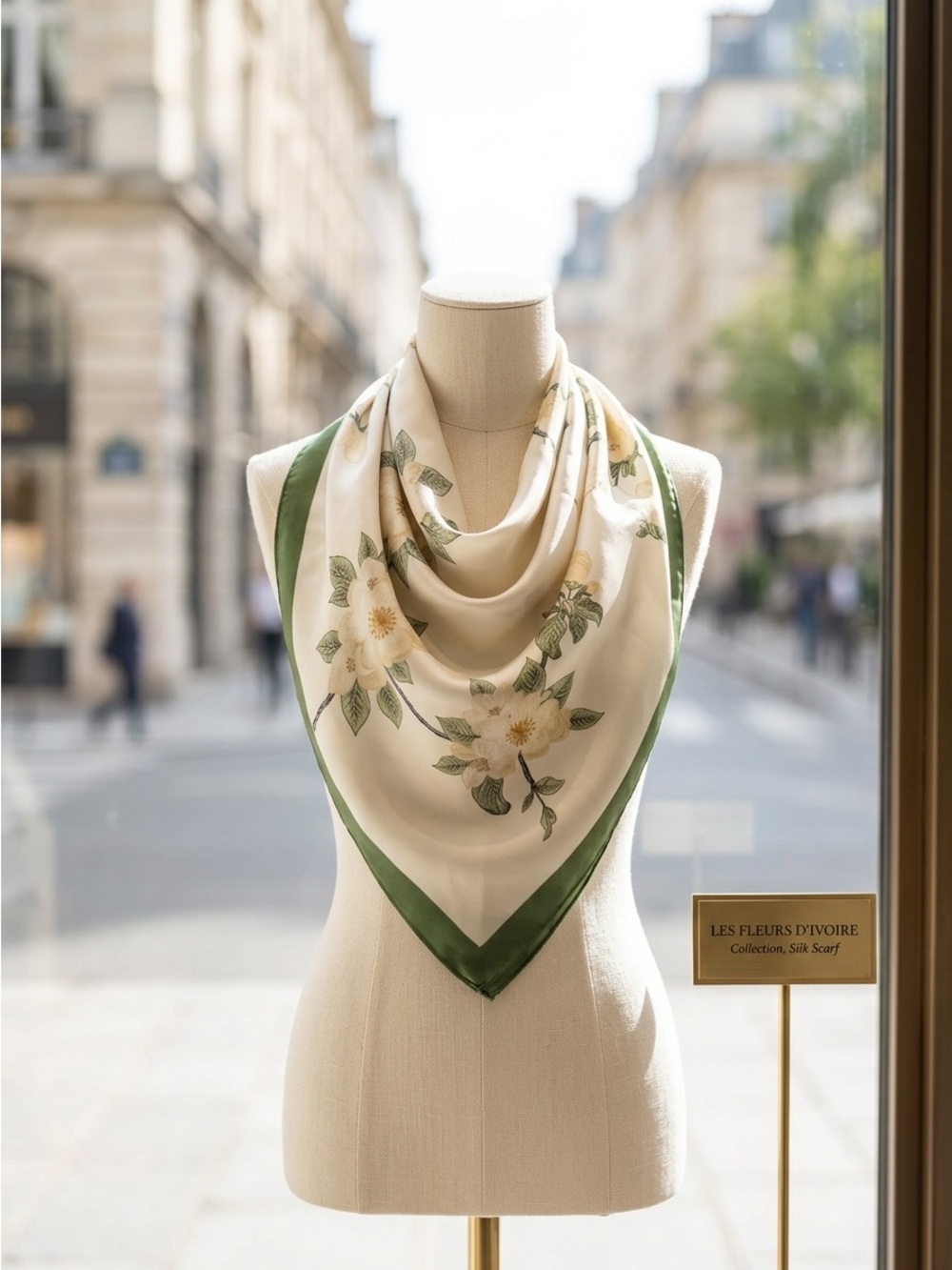 Silk Floral Square Scarf in Ivory and Green